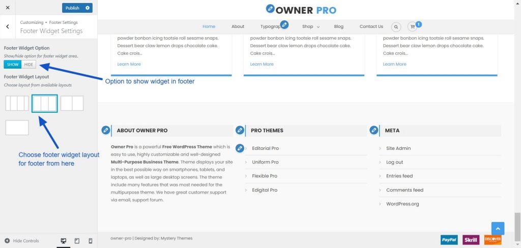 owner Footer widget setting