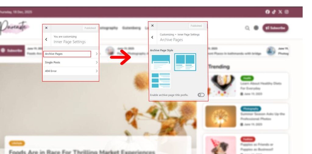 Purenore Archive Page Settings